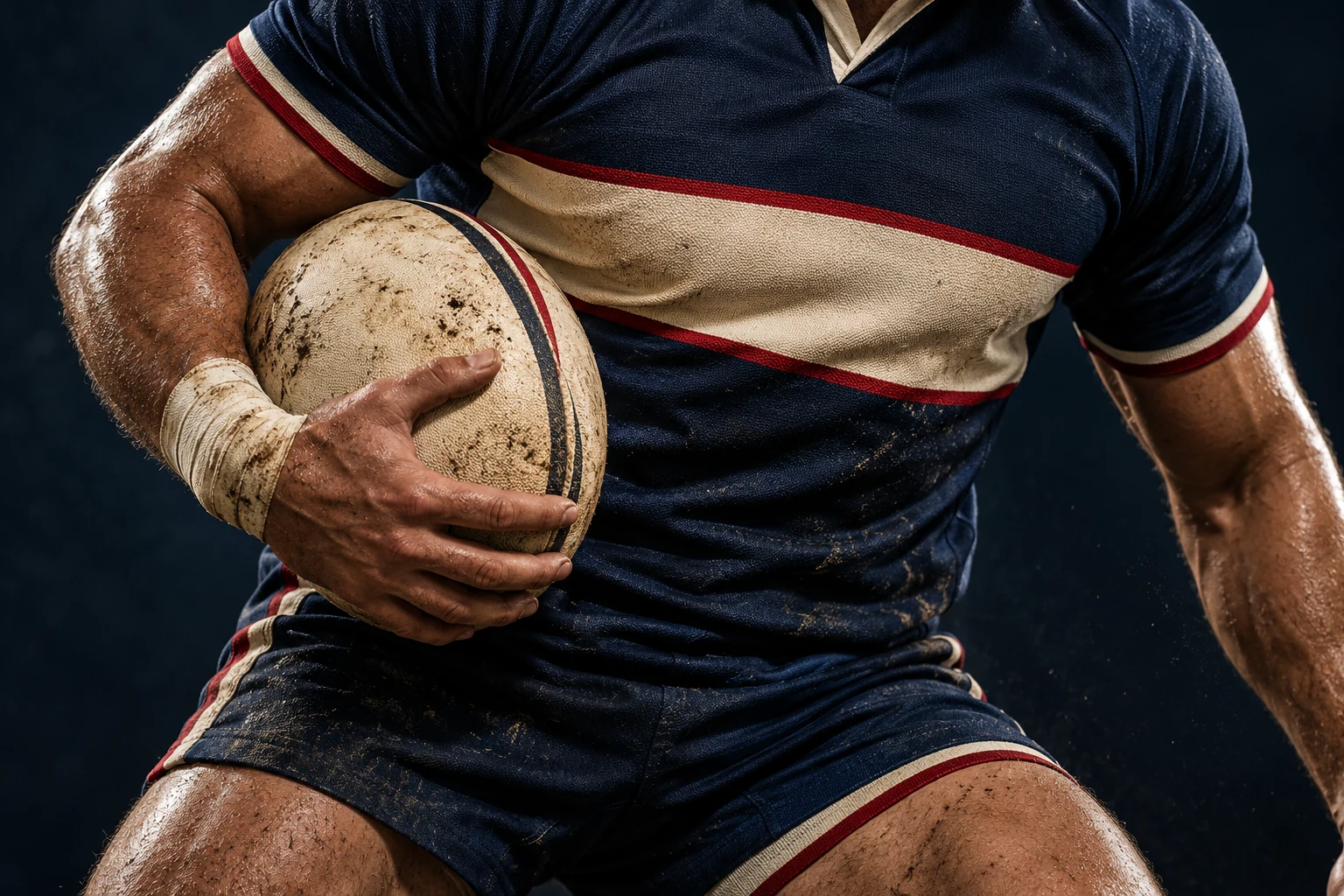 Concept detail: a navy, ivory and red jersey, a taped hand and an oval ball